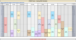 Spring 2022 STARS tutor schedule